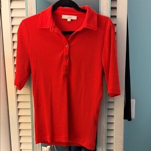 LOFT Bright Orange/Red Ribbed Polo Button-Front Tee